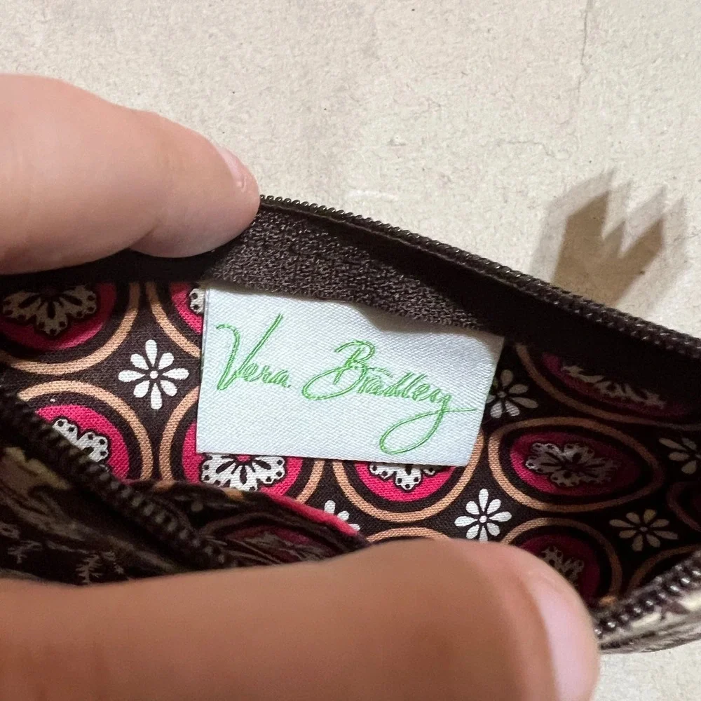 Vera Bradley Small Zip ID Case Java Blue Brown Floral Quilted Wallet Keyring
